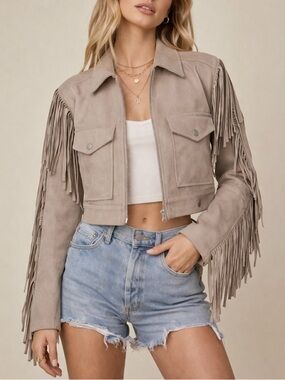 NWT BlankNYC Fringe Suede Moto Jacket Cropped Taupe Western Festival S